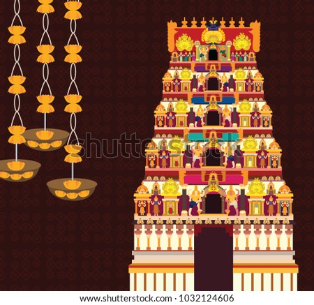 Hindu Temple on Pattern Background. Highly detailed and easily editable.