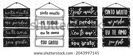Four Brazilian Portuguese Pallet Lettering. Translation: 'I am really sorry' 'Forgive me' 'I love you' 'I'm grateful' Photo stock © 