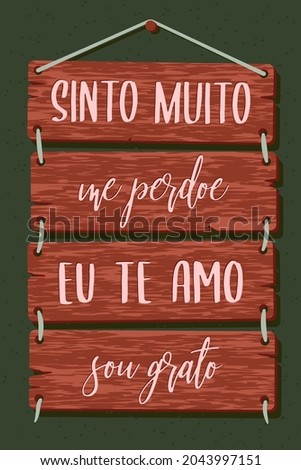 Pallet Lettering in Portuguese. Translation: 'I am really sorry' 'Forgive me' 'I love you' 'I'm grateful' Photo stock © 