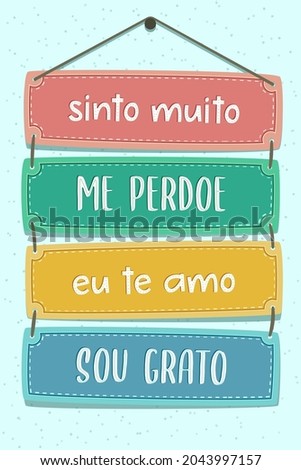 Colorful Pallet Lettering in Brazilian Portuguese. Translation: 'I am really sorry' 'Forgive me' 'I love you' 'I'm grateful' Photo stock © 