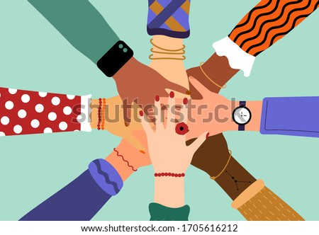 Hands of diverse group of people putting together. Concept of community, support, partnership, teamwork, social movement, friendship and cooperation. Flat cartoon vector illustration Stock foto © 