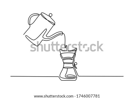 Continuous one line dripper of coffee. Hand drawing art brewing coffee theme with linear pot for logo isolated on white background. Simple sketch design. Vector illustration