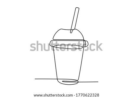 Continuous one line drawing of sweet bubble drink in plastic cup for logo emblem. Milkshake or soda drink made of single line for fast food cafe logotype. Vector illustration