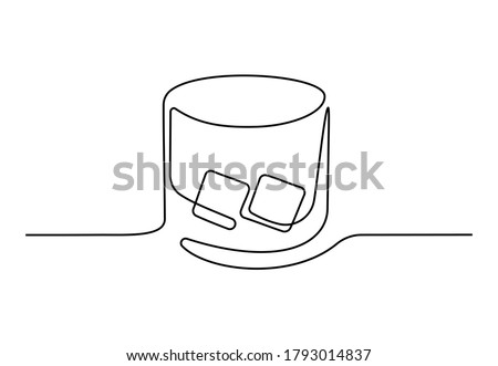 Continuous one line drawing of whiskey in glass with ice cubes. Bar and restaurant concept minimalist design for logo isolated on white background. Vector illustration