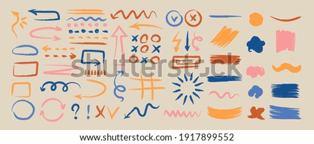 Abstract arrows and shapes, colorful sketchy lines, doodle direction pointers, curves brush stroke style. Hand drawn vector set