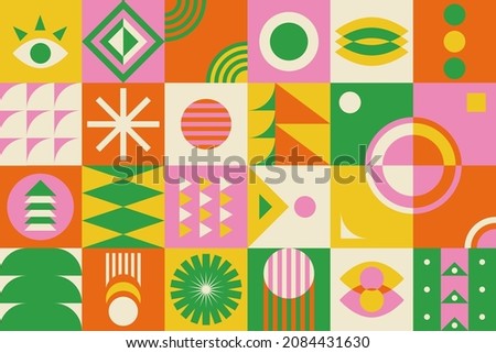 Brutalism shapes. Abstract colorful background. Trendy minimal composition of geometric figures in squares. Vector flat simple forms