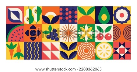 Geometric food pattern. Abstract minimal floral banner, natural organic fruit plant simple shapes. Vector illustration
