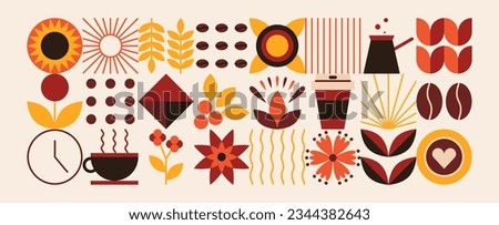 Abstract geometric coffee pattern. Natural organic flower plants shapes, coffee shop menu concept. Vector minimal illustration