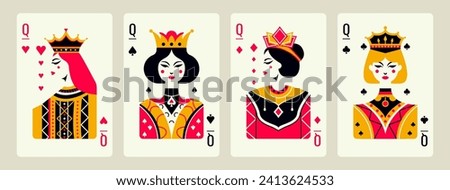 Queens of hearts, diamonds, clubs, spades cartoon style. Abstract modern posters template, poker concept. Vector flat design