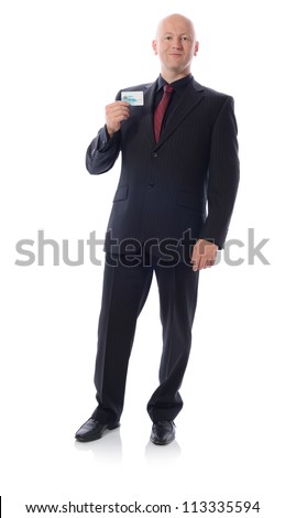 man in suit holding credit card isolated on white