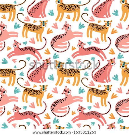 Vector seamless pattern with leopards and tropical leaves. Flat vector. Wild animals in the jungle. Design for printing on fabric, packaging, printing, card, wallpapers, web page background