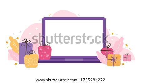 Laptop template with an empty screen on a holiday background. Blank device mock up with gifts, stars, and streamers. Vector flat illustration concepts for website and mobile website development.