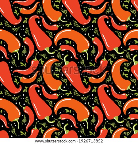 Red Hot Chili Seamless pattern in vector. Hand drawn Spicy mexican pepper and vegetable graphic elements in the Scandinavian style. Background of natural farm products for a healthy diet and lifestyle