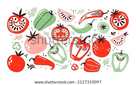 Hand drawn set colorful doodle vegetables in trendy organic style. Red and green pepper, hot chili, tomatoes, jalapeno, paprika, seeds, herbs. Vegetables cut in half, piece. Flat icons. Farm products