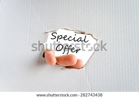 Hand and text on the cardboard background  Special offer Concept