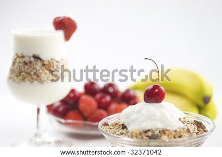 low fat, dieting breakfast with muesli, cereals yoghurt and fruit