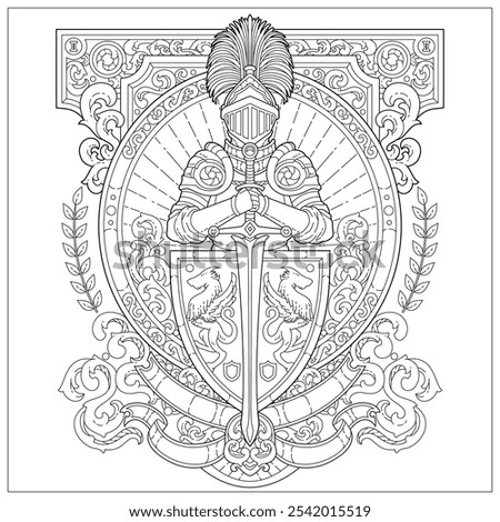 Premium vector. Fantasy kingdom emblem with noble knight, sword and shield. Learning and education coloring page illustration for adult and children. Vector outline style, black and white drawing. 