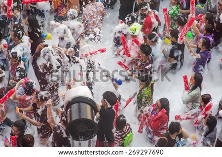 BANGKOK, THAILAND - 14 APRIL 2015 : Foam party. Tourists come to Thailand and splatter water to each other. \