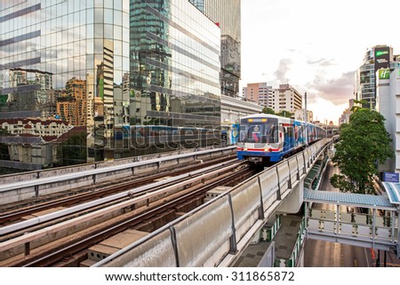 Bangkok, Thailand - August 18, 2015: The Bangkok Mass Transit System, known as BTS or Skytrain, is an elevated rapid transit system in Bangkok. The system consists of 34 stations along two lines.