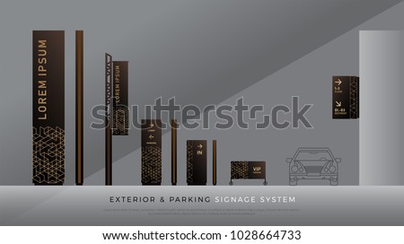 exterior and parking signage. direction, pole, wall mount and traffic signage system design template set. empty space for logo, text, color corporate identity