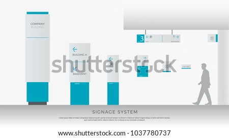 exterior and interior signage system. direction, pole, wall mount and traffic signage system design template set. empty space for logo, text, white and blue corporate identity
