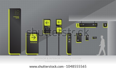 exterior and interior signage system. direction, pole, wall mount and traffic signage system design template set. empty space for logo, text, green and black color corporate identity