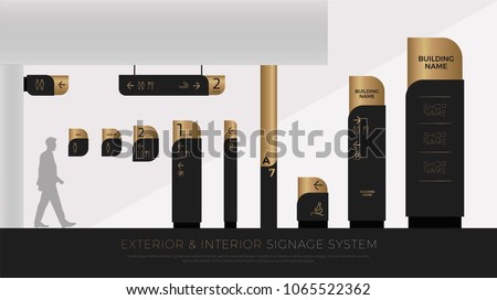 exterior and interior signage concept. direction, pole, wall mount and traffic signage system design template set. empty space for logo, text, black and gold corporate identity