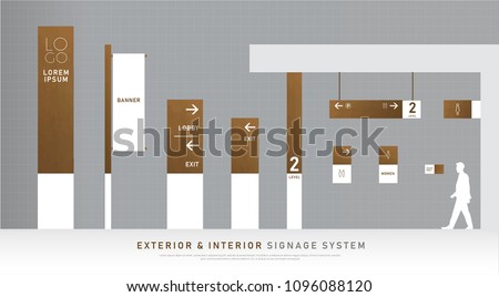 exterior and interior signage wooden concept. direction, pole, wall mount and traffic signage system design template set. empty space for logo, text, black and gold corporate identity