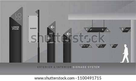 exterior and interior signage blue graphic. direction, pole, wall mount and traffic signage system design template set. empty space for logo, text, color corporate identity