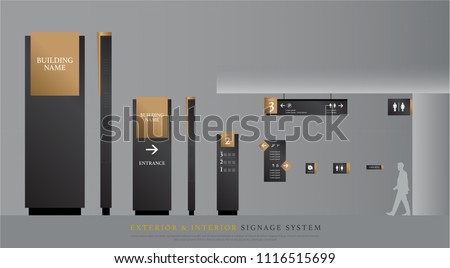 exterior and interior signage. directional, pole, and traffic signage system design template set. empty space for logo, text gold and black corporate identity