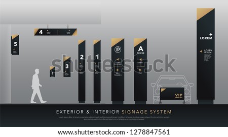 exterior and interior signage system. direction, pole, wall mount signboard and traffic signage design template set. empty space for logo, text, white and gold corporate identity