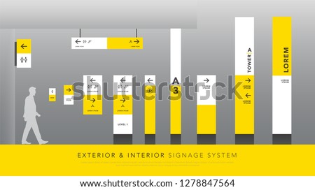 exterior and interior signage system. direction, pole, wall mount signboard and traffic signage design template set. empty space for logo, text, white and yellow corporate identity
