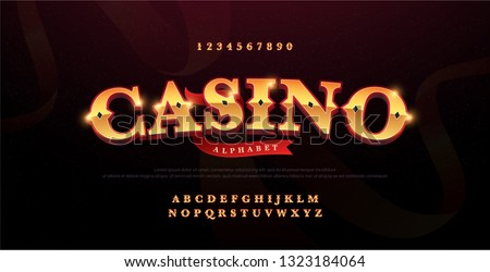 Casino luxury 3d alphabet gold logotype with royal font. Typography red and golden fonts letters uppercase and number. vector illustration