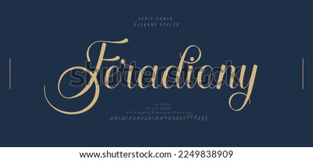 Wedding luxury alphabet letters font with tails. Typography italic elegant classic serif fonts and number decorative vintage retro for logo branding. vector illustration