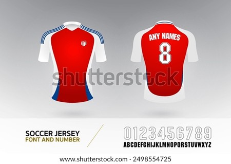 soccer t-shirt font and number uniform kit set. football jersey logo template for football club. red blue white color, front and back view shirt mock up. Vector Illustration