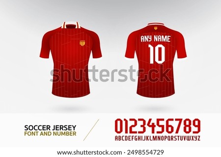 soccer t-shirt font and number uniform kit set. football jersey logo template for football club. red color, front and back view shirt mock up. Vector Illustration