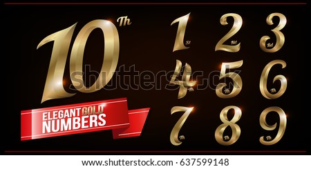 Set of Elegant Gold Colored Metal Chrome numbers. 1, 2, 3, 4, 5, 6, 7, 8, 9, 10, logo design