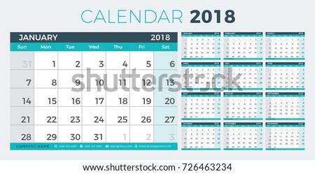 Calendar Planner 2018 year. Simple minimal wall type calendar template. Week starts from sunday. vector illustrator 商業照片 © 
