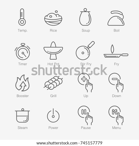 cooking thin line icon set. rice, soup, boil, time, hot, stir, fry, booster, grill, up, down, power, steam, pause, menu and temp iconic pictogram. editable stroke