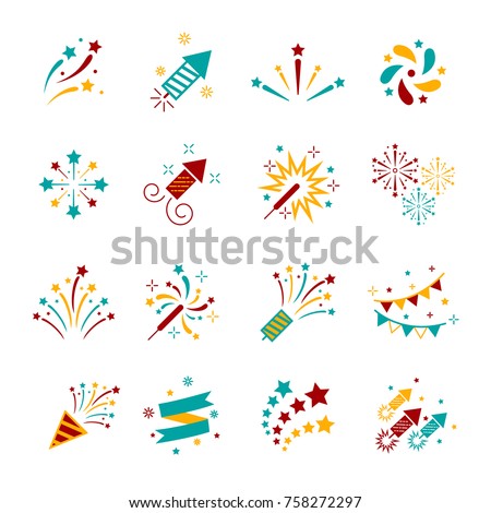 Celebration iconic. Firework icon colorful set with petard, stars. Festival and event, celebrate and party. Vector illustrator