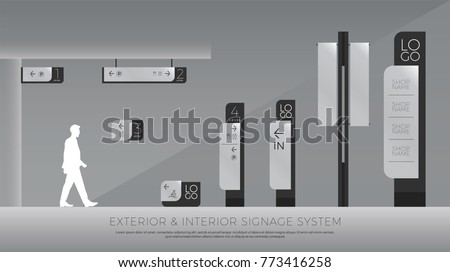 exterior and interior signage. direction, pole, wall mount and traffic signage system design template set. empty space for logo, text, color corporate identity