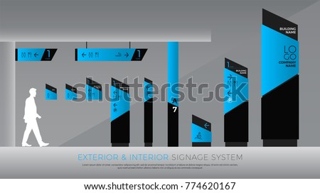 exterior and interior signage blue graphic. direction, pole, wall mount and traffic signage system design template set. empty space for logo, text, color corporate identity