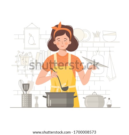 Cooking woman. A girl cooks soup in the kitchen. Women's hobby. Food at home. Minimalistic style. Isolated on a white background.