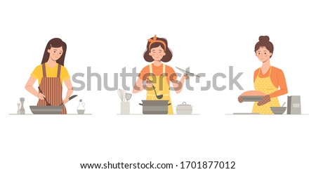 A set of women cooking. Cook soup, fry or stew meat, vegetables in a frying pan, bake a pie. Happy Housewives. Minimalistic style. Isolated on a white background.