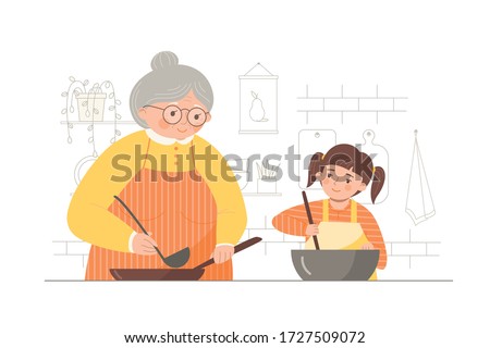 Grandmother and little granddaughter making food together. Cooking with kids. Vector illustration in a flat trendy style on a white background.