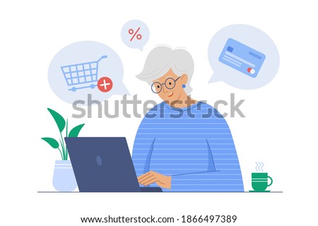 Cute old woman working on laptop computer at home and shopping online. Active life, modern technology and old age concept. Vector illustration in flat style on white background