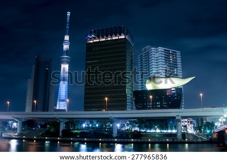 TOKYO,JAPAN-OCTOBER 26th :Tokyo sky tree and Asahi building in the night view beside the river in Tokyo,Japan on October 26,2014.