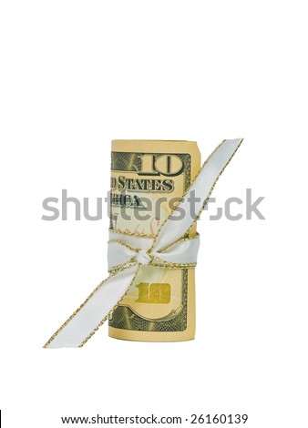 A single US Ten Dollar Bill rolled and tied with a white and gold ribbon.