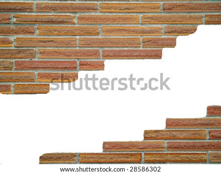 Brick wall background, with large white tear, in various shades of orange, tan, gray and white.