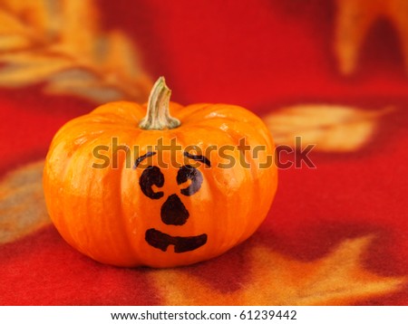 Mini Pumpkins with Funny Faces on a Red Autumn Cloth Background
